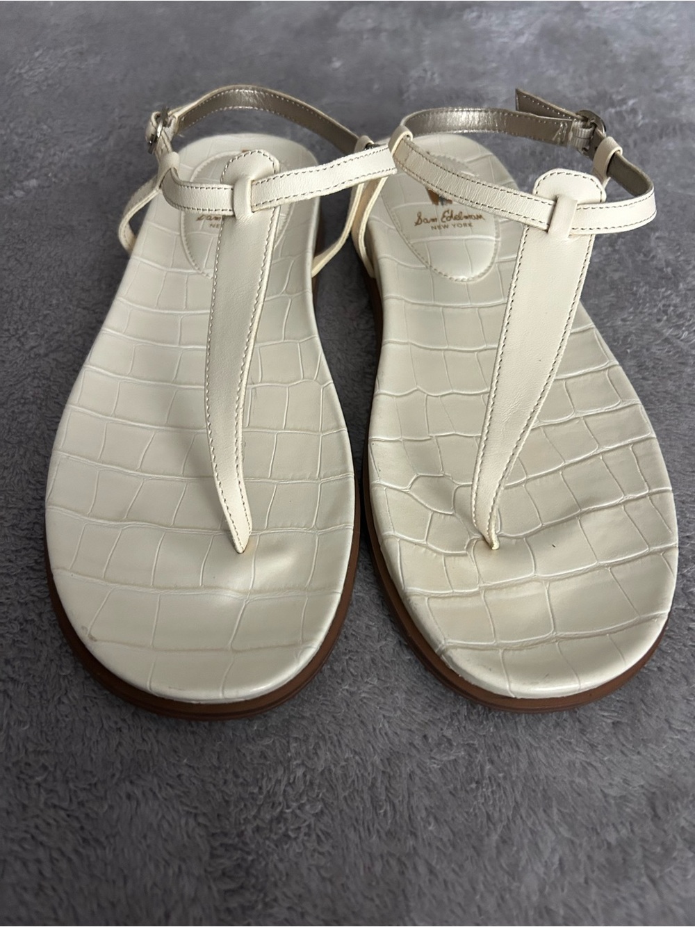 Sam Edelman Ivory Croc-Embossed T-Strap Sandals with Gold Buckle
